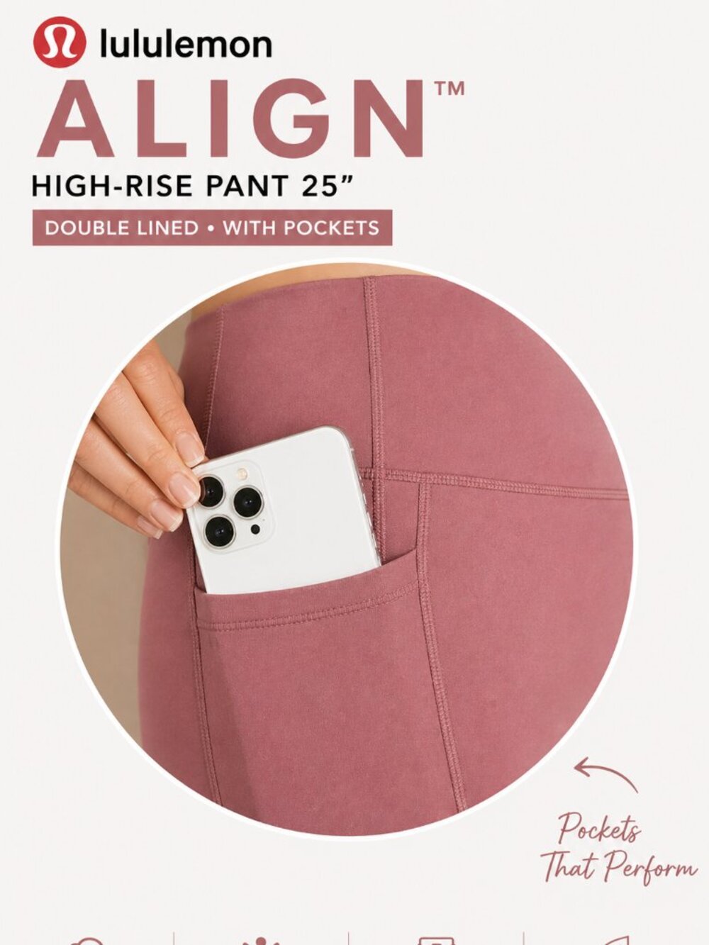 Lululemon Align 25” Leggings Sz 0 NWOT Dusty Rose Double Lined Pockets High Rise - Picture 3 of 5
